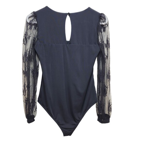 Black Lace Sleeve Bodysuit With Mesh Details & Snap Closure Size S - Picture 10 of 10